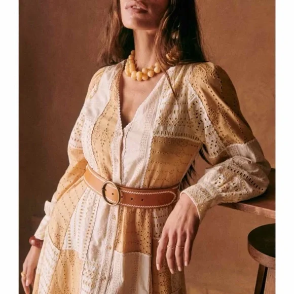 SEZANE Beige Cream Patchwork Eyelet Button Down Midi Dress Matissa Shirt Dress